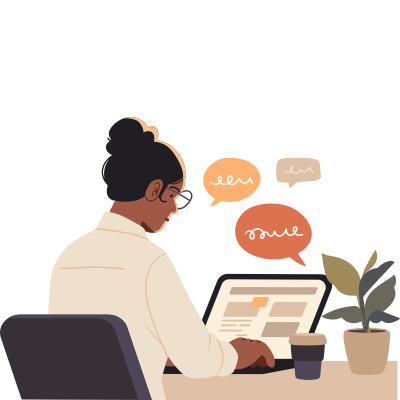 Person working on a laptop with speech bubbles representing AI or online communication.