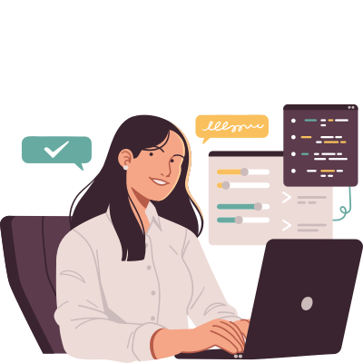 Professional standing by a computer with security and data icons on the screen.